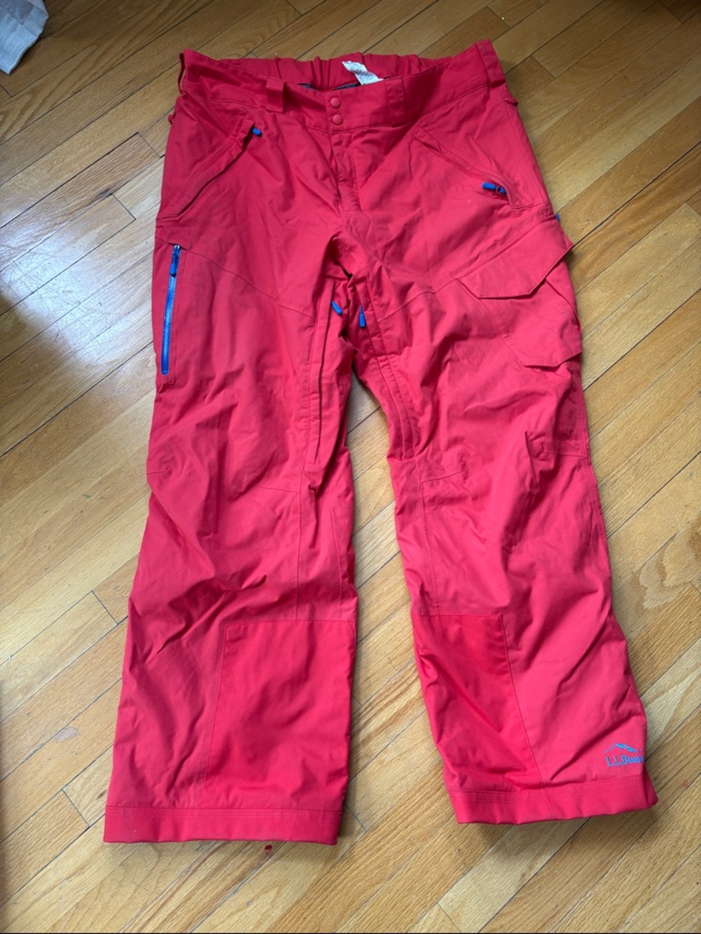 L.L. Bean Men's Red Snowboard/Ski Pants with Blue Zipper Accents